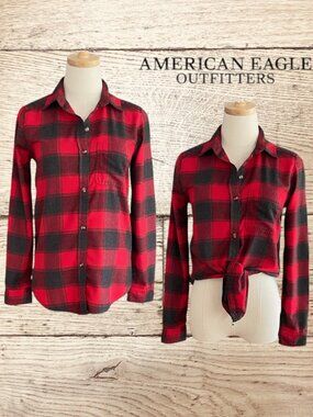 American Eagle Cowgirl Buffalo Plaid Long Sleeve Button Down Flannel Shirt